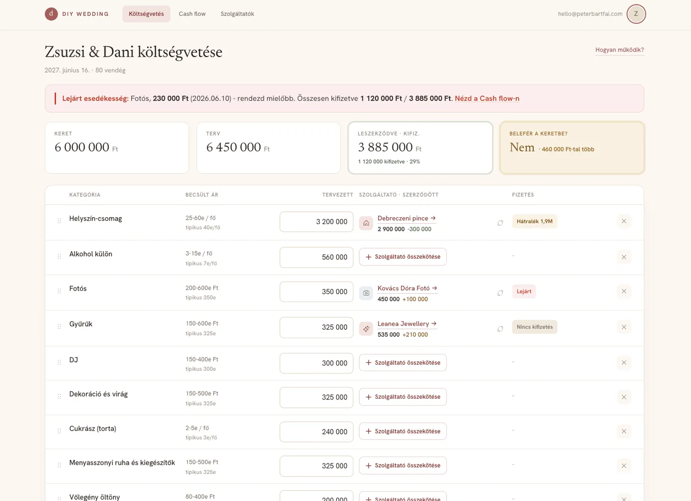 The DIY Wedding budget screen: planned versus contracted costs per category