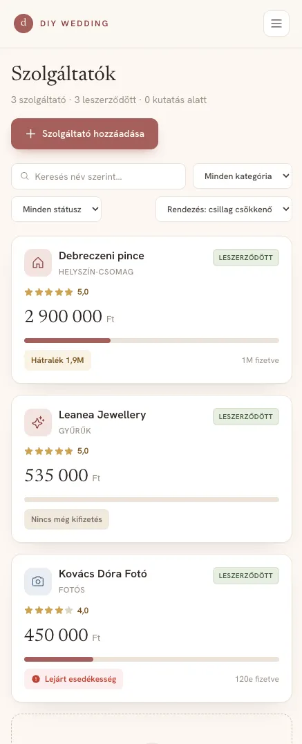 The DIY Wedding vendor list on mobile
