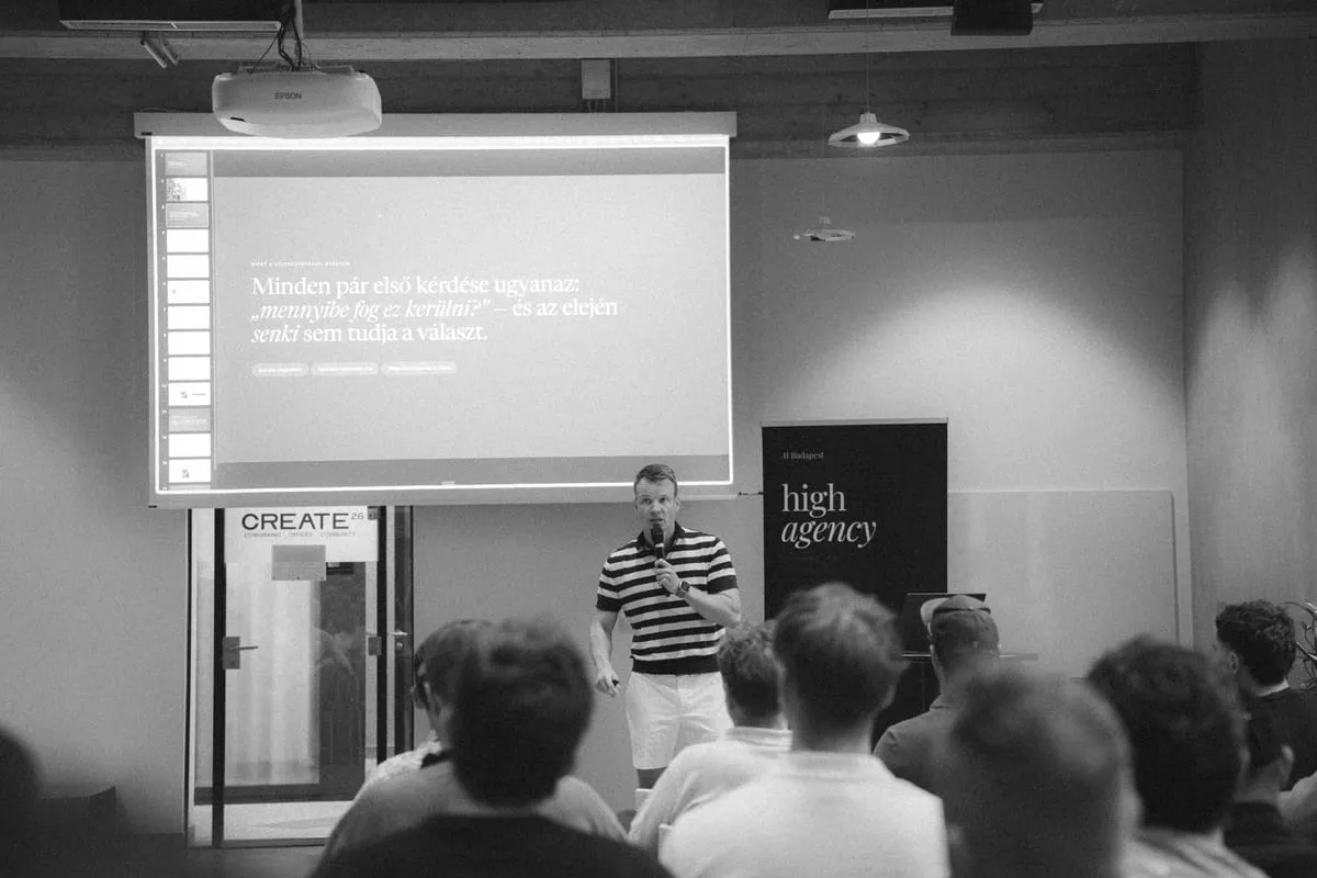 Peter presenting the DIY Wedding cost estimator at an AI event in Budapest